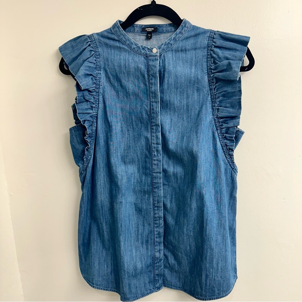 Express Denim Flutter Blue Ruffle Sleeve Button Up Blouse Sz S - Picture 5 of 13